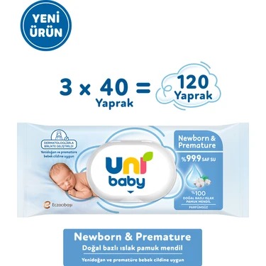Uni Baby Yenidoğan Islak Pamuk Mendil 3 × 40 Yaprak